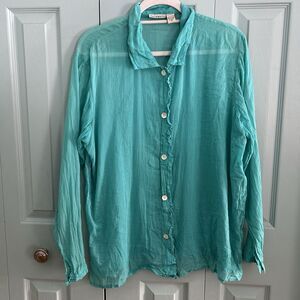 Putumayo Womens Turquoise Woven Button Up Long Sleeve Shirt XL Semi Sheer Cotton